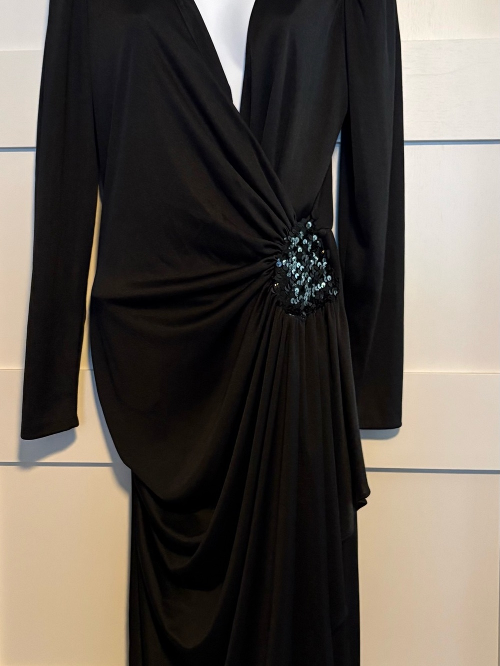 Black Sequin-Accent Midi Dress with Draped Front